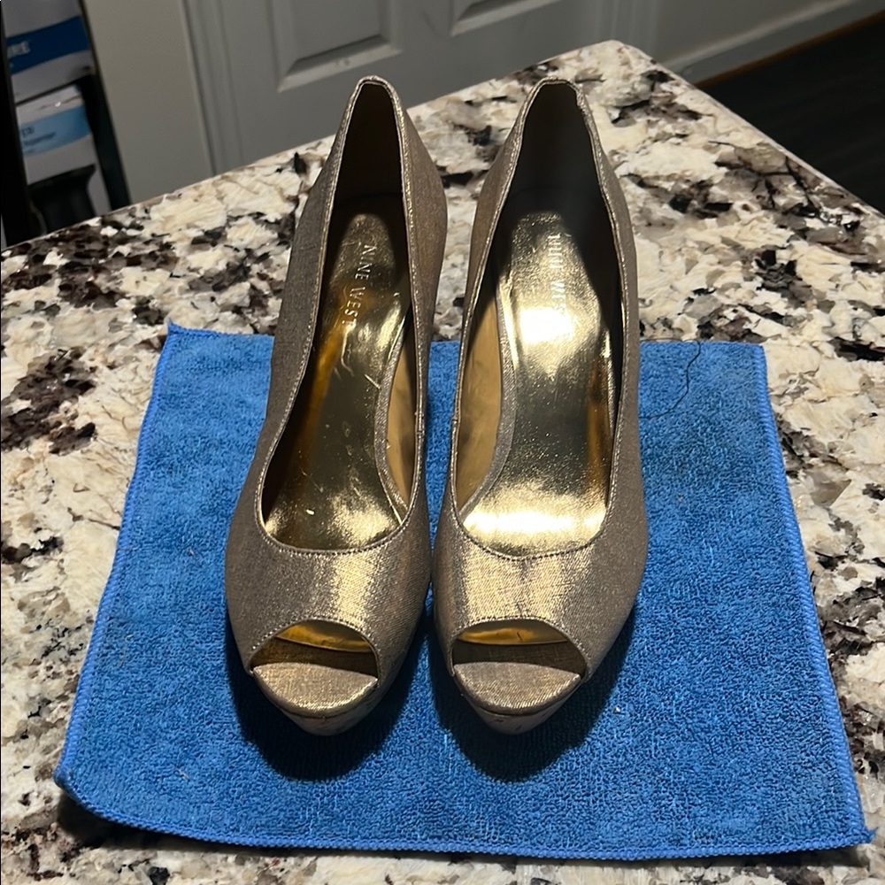 Nine West Gold Peep-Toe Heels